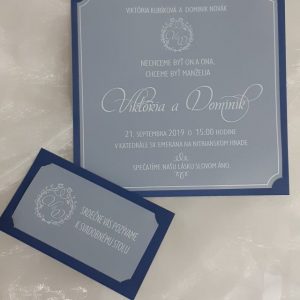 Svadobné oznémenia a pzvánky, Viktória a Dominik, modrý podklad, priehladné a biela tlač