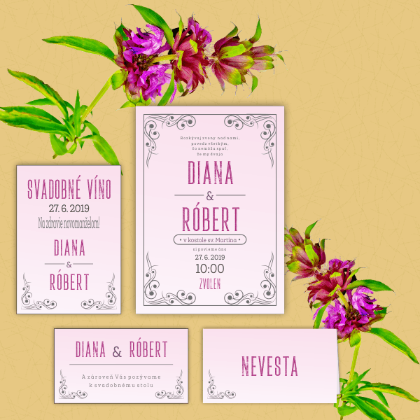 Svadobné oznámenia, Diana a Róbert, ružový podklad