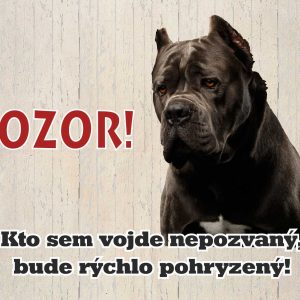 Bandog. Tabuľka pozor pes. Pozor pes! Kto sem vojde nepozvaný, bude rýchlo pohryzený!
