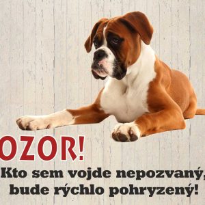 Boxer. Tabuľka pozor pes. Pozor pes! Kto sem vojde nepozvaný, bude rýchlo pohryzený!